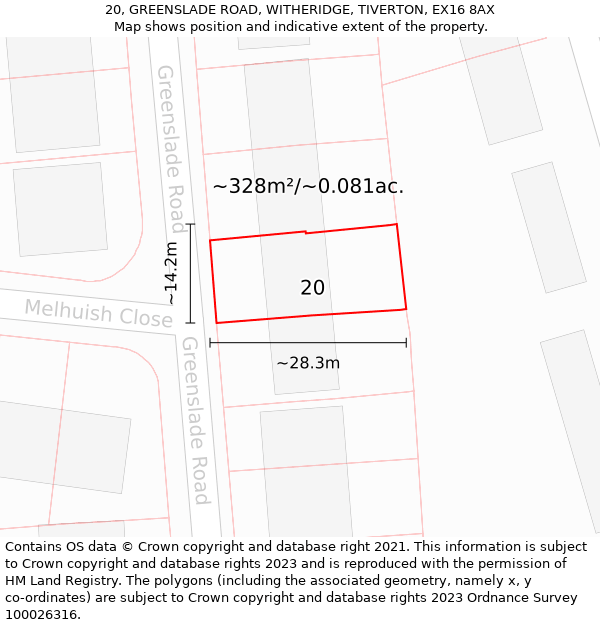 20, GREENSLADE ROAD, WITHERIDGE, TIVERTON, EX16 8AX: Plot and title map