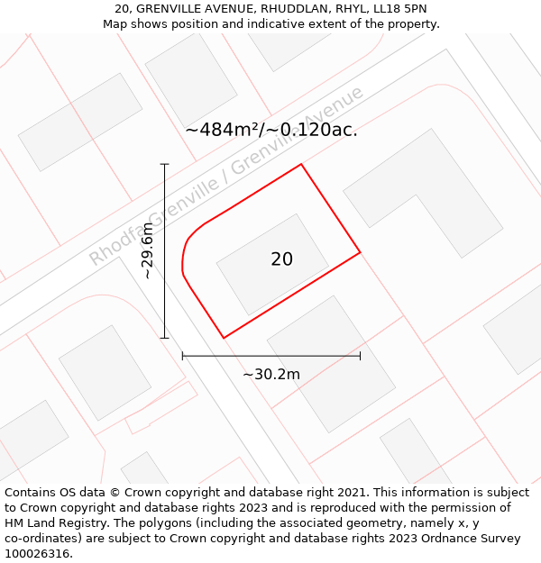 20, GRENVILLE AVENUE, RHUDDLAN, RHYL, LL18 5PN: Plot and title map