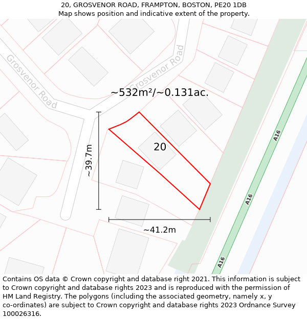 20, GROSVENOR ROAD, FRAMPTON, BOSTON, PE20 1DB: Plot and title map