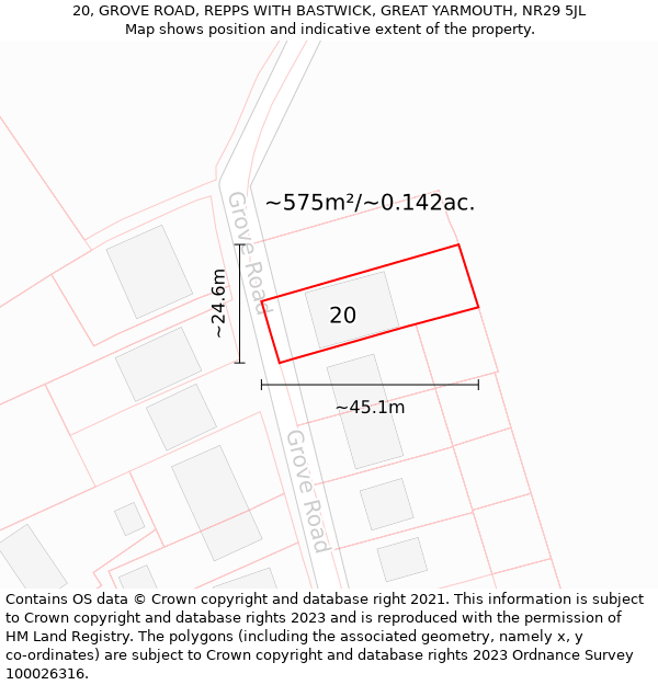 20, GROVE ROAD, REPPS WITH BASTWICK, GREAT YARMOUTH, NR29 5JL: Plot and title map