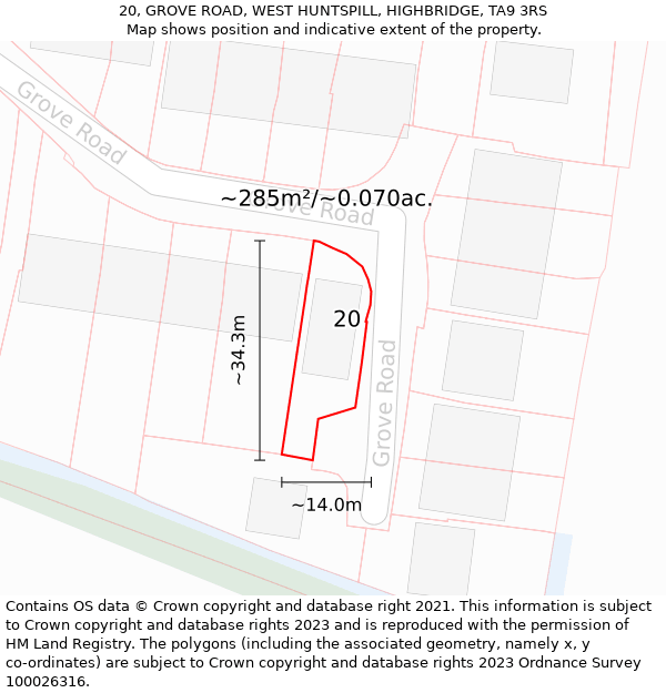 20, GROVE ROAD, WEST HUNTSPILL, HIGHBRIDGE, TA9 3RS: Plot and title map