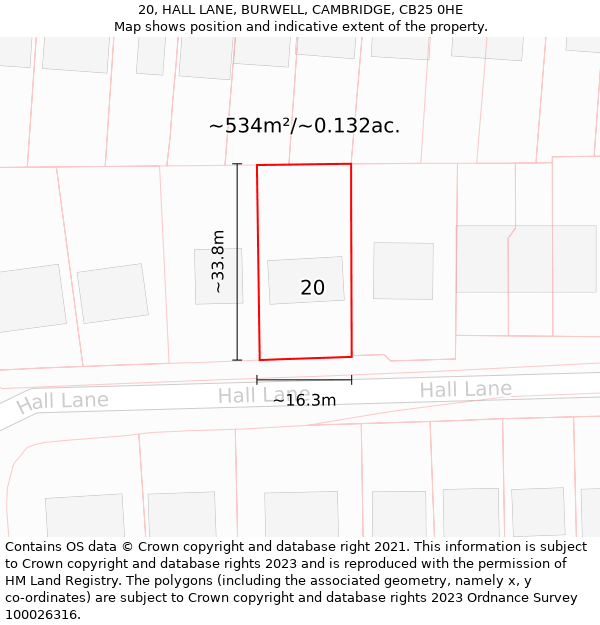 20, HALL LANE, BURWELL, CAMBRIDGE, CB25 0HE: Plot and title map