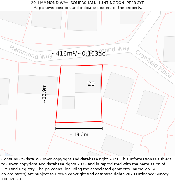 20, HAMMOND WAY, SOMERSHAM, HUNTINGDON, PE28 3YE: Plot and title map