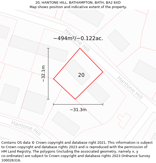 20, HANTONE HILL, BATHAMPTON, BATH, BA2 6XD: Plot and title map