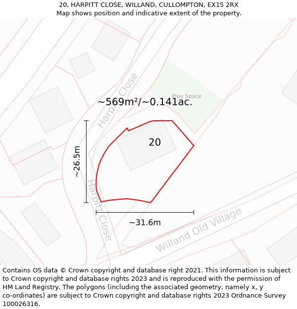 20, HARPITT CLOSE, WILLAND, CULLOMPTON, EX15 2RX: Plot and title map