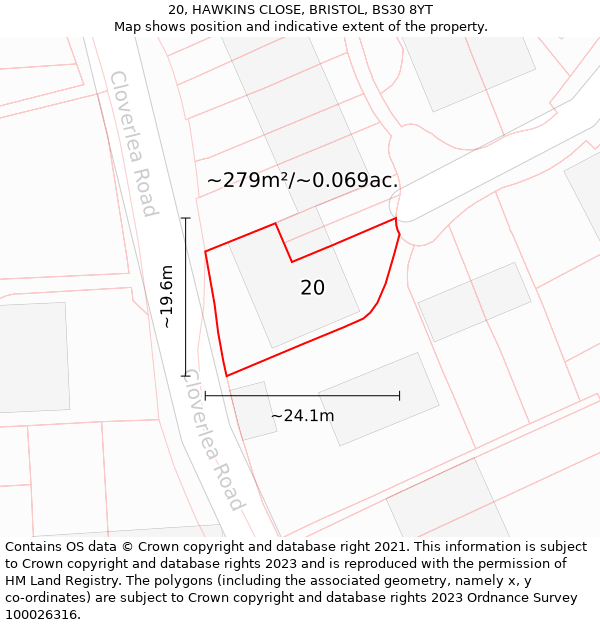 20, HAWKINS CLOSE, BRISTOL, BS30 8YT: Plot and title map