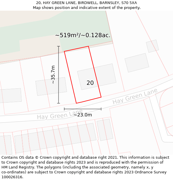 20, HAY GREEN LANE, BIRDWELL, BARNSLEY, S70 5XA: Plot and title map