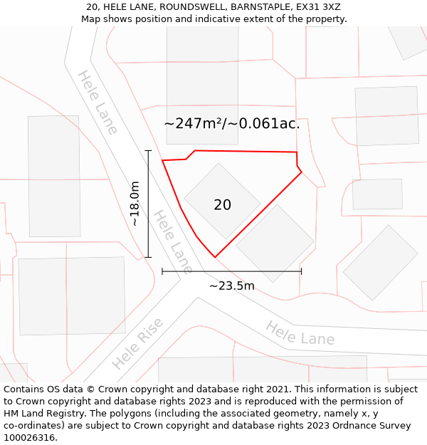 20, HELE LANE, ROUNDSWELL, BARNSTAPLE, EX31 3XZ: Plot and title map