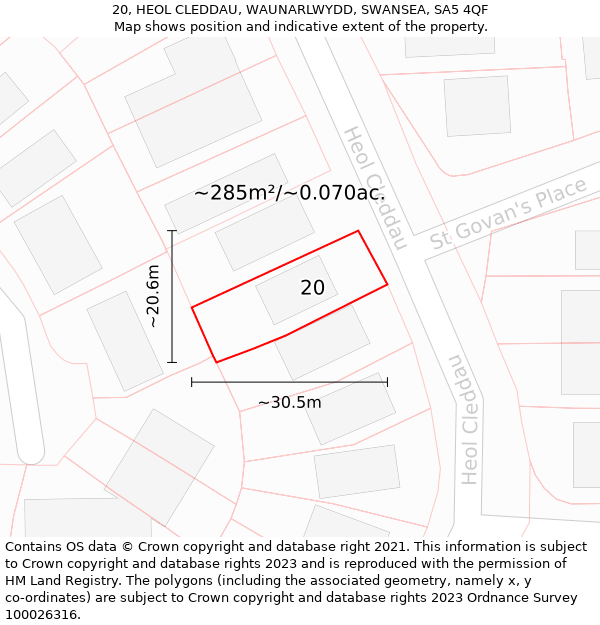 20, HEOL CLEDDAU, WAUNARLWYDD, SWANSEA, SA5 4QF: Plot and title map