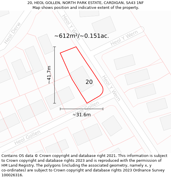 20, HEOL GOLLEN, NORTH PARK ESTATE, CARDIGAN, SA43 1NF: Plot and title map