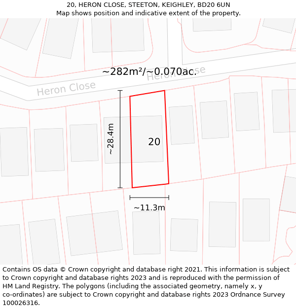 20, HERON CLOSE, STEETON, KEIGHLEY, BD20 6UN: Plot and title map