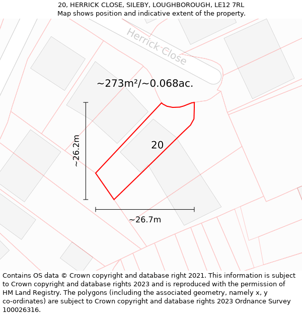 20, HERRICK CLOSE, SILEBY, LOUGHBOROUGH, LE12 7RL: Plot and title map