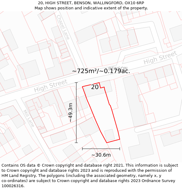 20, HIGH STREET, BENSON, WALLINGFORD, OX10 6RP: Plot and title map