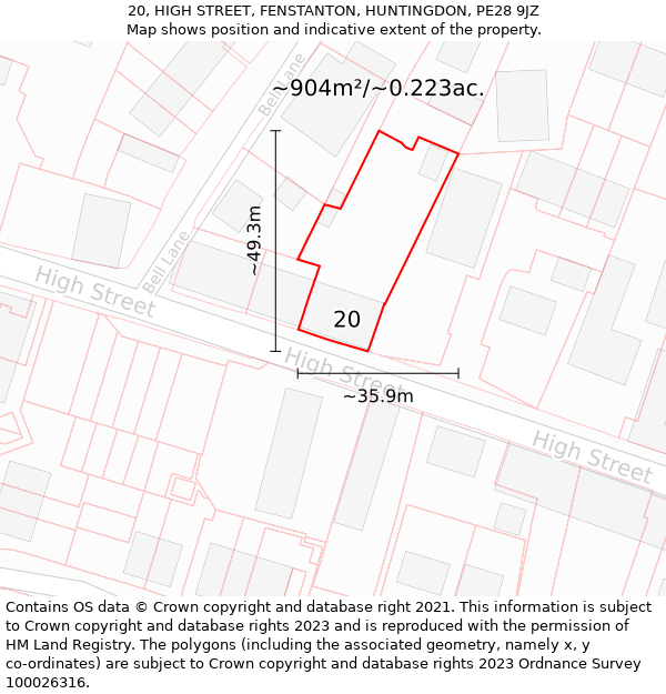 20, HIGH STREET, FENSTANTON, HUNTINGDON, PE28 9JZ: Plot and title map