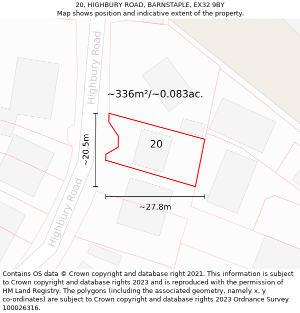 20, HIGHBURY ROAD, BARNSTAPLE, EX32 9BY: Plot and title map