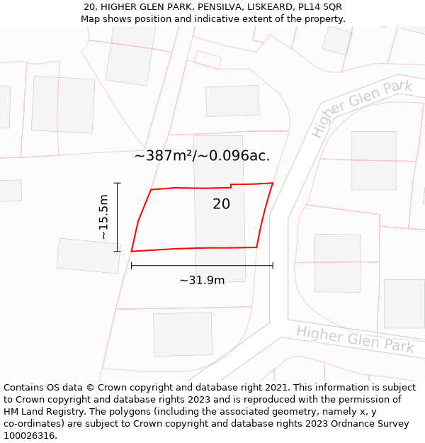 20, HIGHER GLEN PARK, PENSILVA, LISKEARD, PL14 5QR: Plot and title map