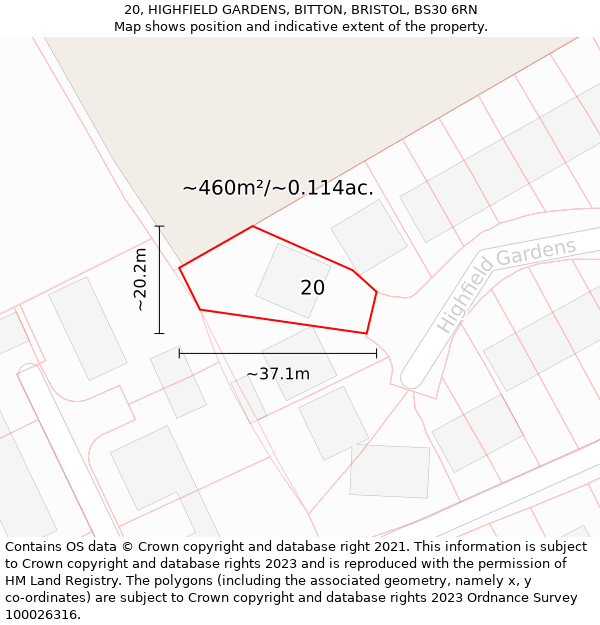 20, HIGHFIELD GARDENS, BITTON, BRISTOL, BS30 6RN: Plot and title map