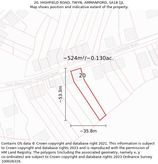 20, HIGHFIELD ROAD, TWYN, AMMANFORD, SA18 1JL: Plot and title map