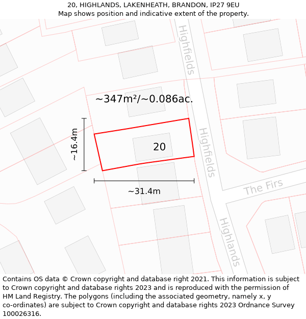 20, HIGHLANDS, LAKENHEATH, BRANDON, IP27 9EU: Plot and title map