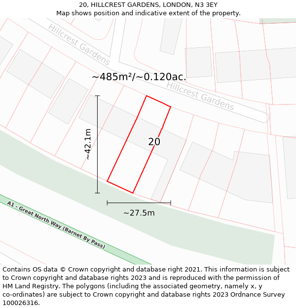 20, HILLCREST GARDENS, LONDON, N3 3EY: Plot and title map