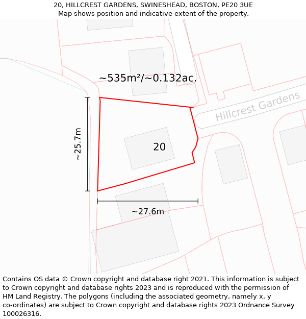 20, HILLCREST GARDENS, SWINESHEAD, BOSTON, PE20 3UE: Plot and title map