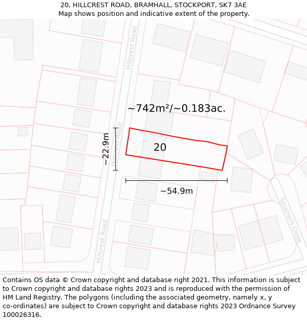 20, HILLCREST ROAD, BRAMHALL, STOCKPORT, SK7 3AE: Plot and title map