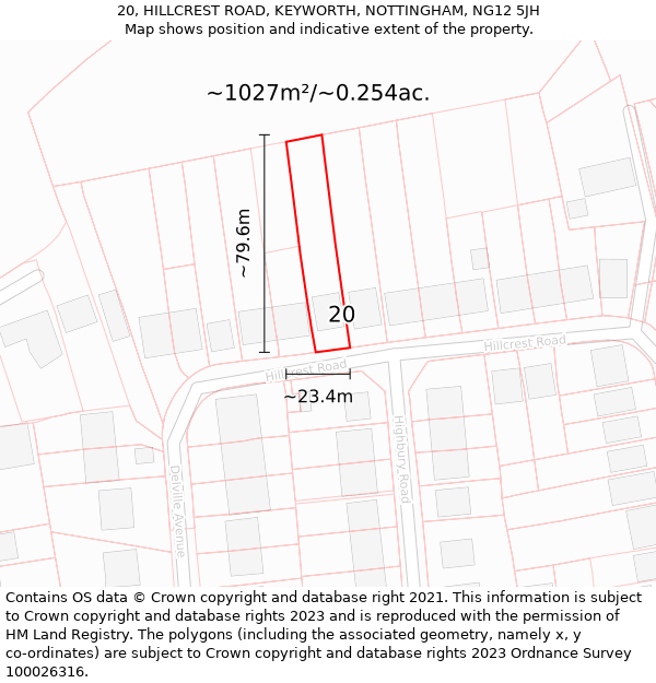 20, HILLCREST ROAD, KEYWORTH, NOTTINGHAM, NG12 5JH: Plot and title map