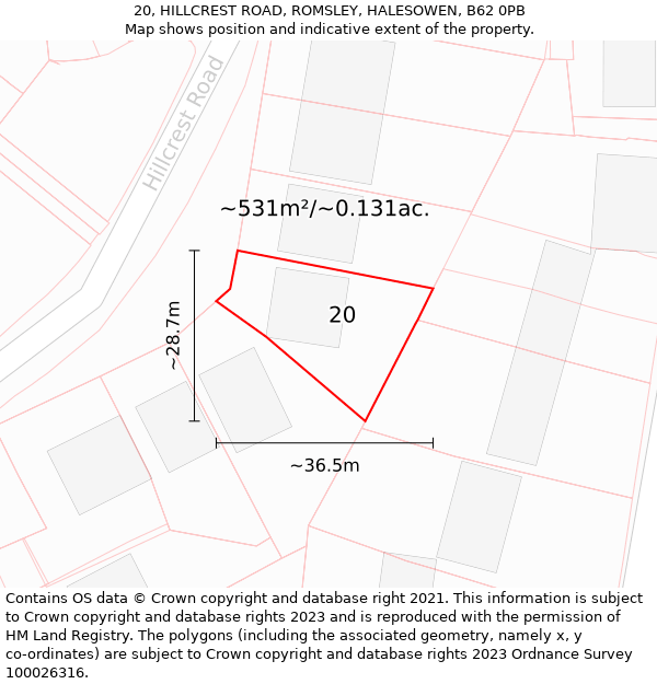 20, HILLCREST ROAD, ROMSLEY, HALESOWEN, B62 0PB: Plot and title map