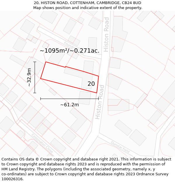 20, HISTON ROAD, COTTENHAM, CAMBRIDGE, CB24 8UD: Plot and title map