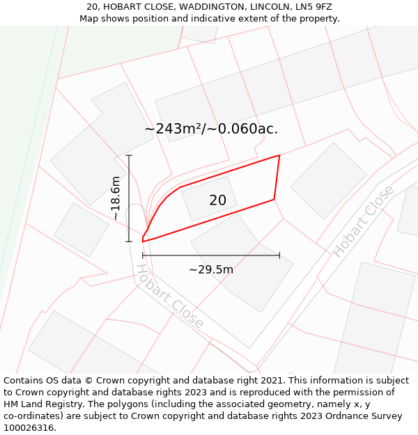 20, HOBART CLOSE, WADDINGTON, LINCOLN, LN5 9FZ: Plot and title map