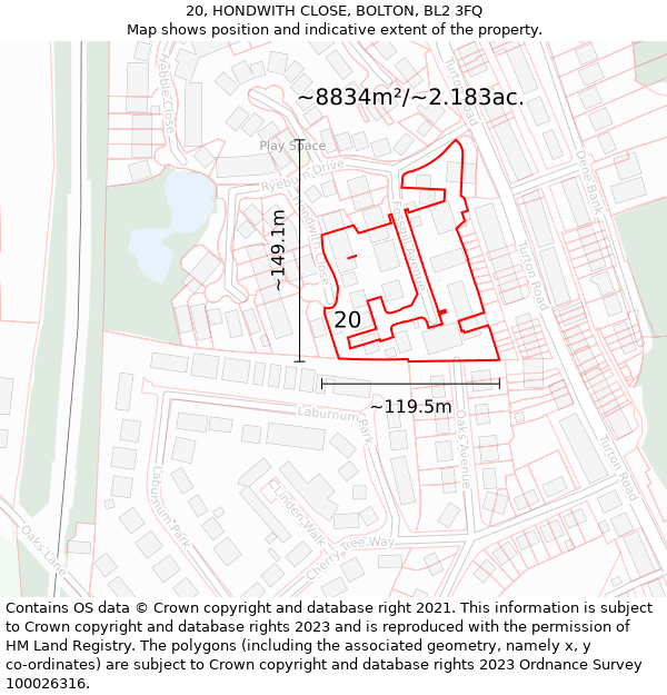 20, HONDWITH CLOSE, BOLTON, BL2 3FQ: Plot and title map