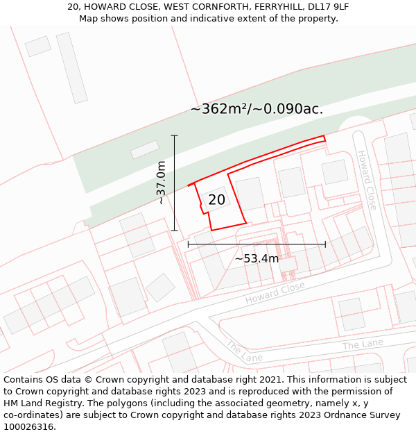 20, HOWARD CLOSE, WEST CORNFORTH, FERRYHILL, DL17 9LF: Plot and title map