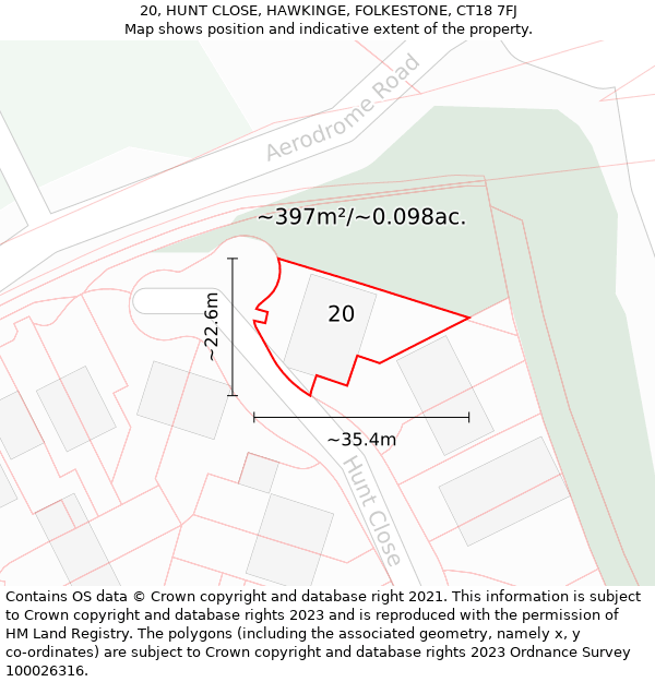 20, HUNT CLOSE, HAWKINGE, FOLKESTONE, CT18 7FJ: Plot and title map