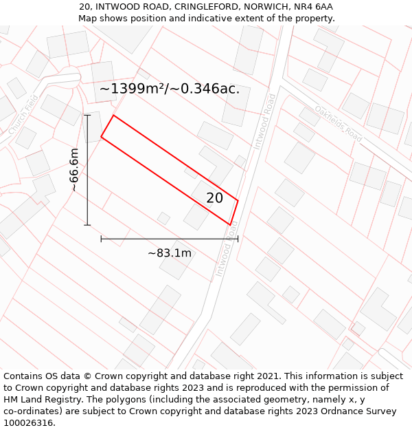 20, INTWOOD ROAD, CRINGLEFORD, NORWICH, NR4 6AA: Plot and title map