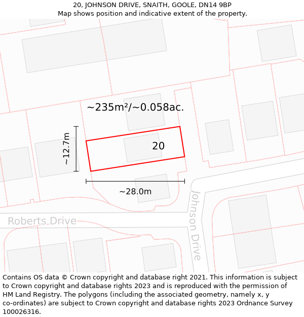 20, JOHNSON DRIVE, SNAITH, GOOLE, DN14 9BP: Plot and title map