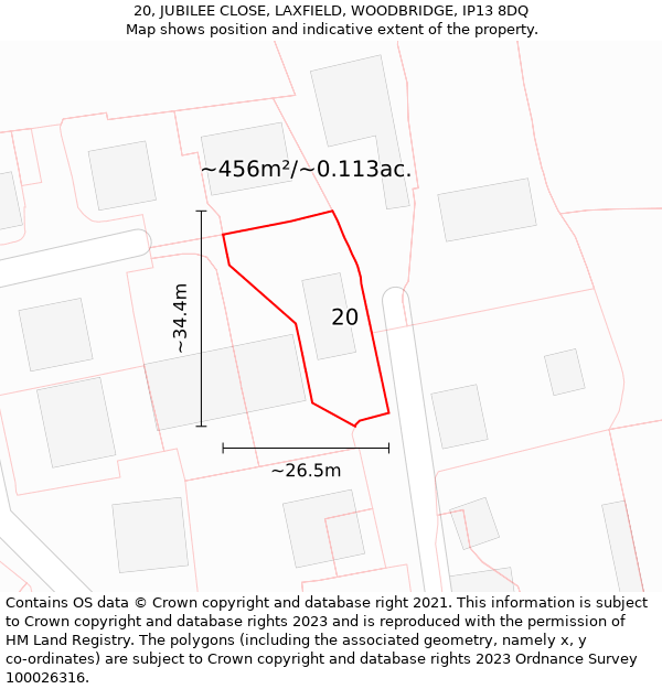 20, JUBILEE CLOSE, LAXFIELD, WOODBRIDGE, IP13 8DQ: Plot and title map