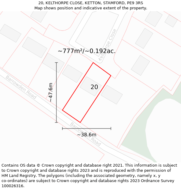 20, KELTHORPE CLOSE, KETTON, STAMFORD, PE9 3RS: Plot and title map