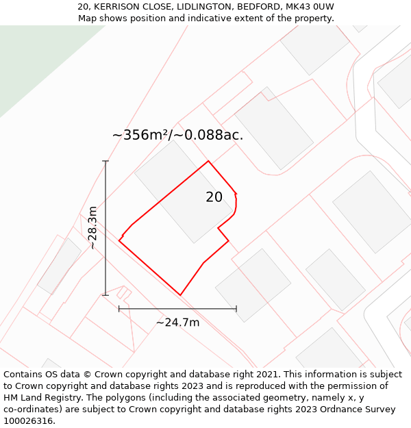 20, KERRISON CLOSE, LIDLINGTON, BEDFORD, MK43 0UW: Plot and title map