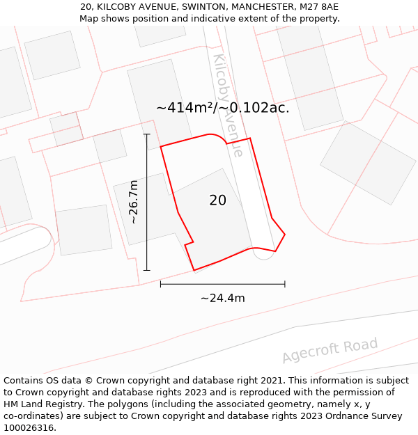 20, KILCOBY AVENUE, SWINTON, MANCHESTER, M27 8AE: Plot and title map