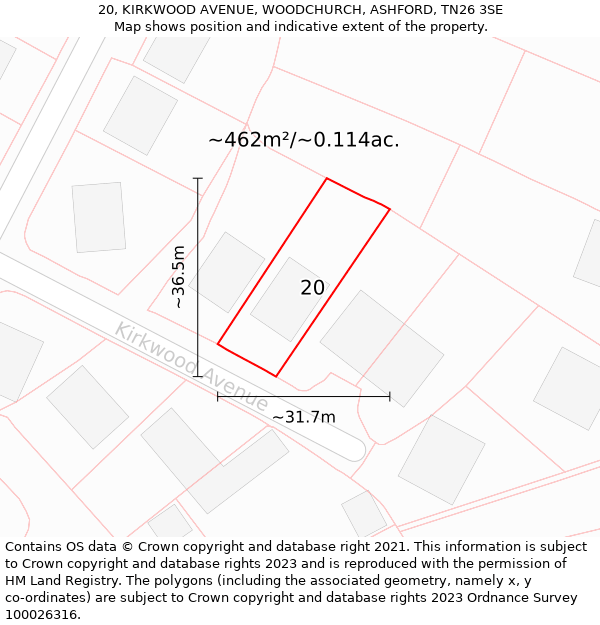 20, KIRKWOOD AVENUE, WOODCHURCH, ASHFORD, TN26 3SE: Plot and title map