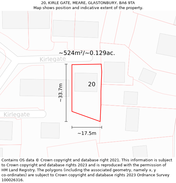 20, KIRLE GATE, MEARE, GLASTONBURY, BA6 9TA: Plot and title map