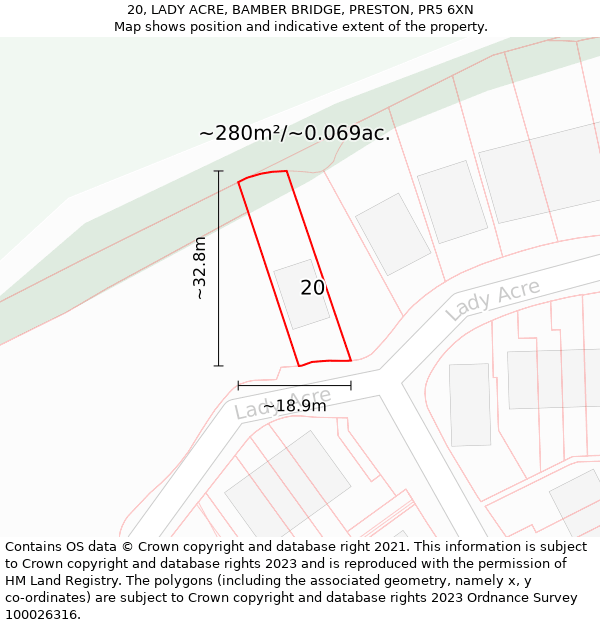 20, LADY ACRE, BAMBER BRIDGE, PRESTON, PR5 6XN: Plot and title map