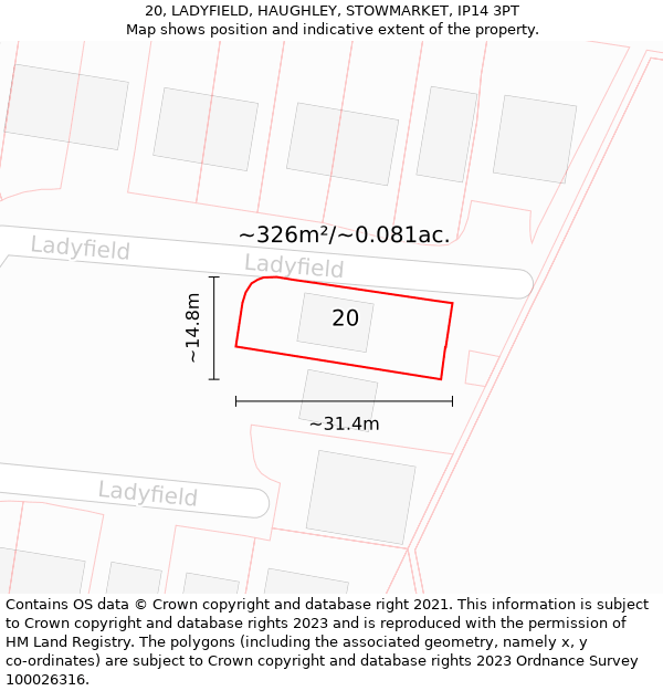 20, LADYFIELD, HAUGHLEY, STOWMARKET, IP14 3PT: Plot and title map