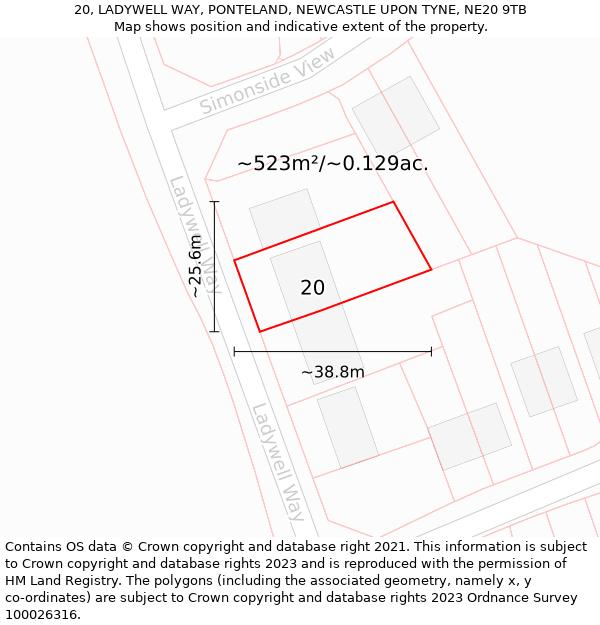 20, LADYWELL WAY, PONTELAND, NEWCASTLE UPON TYNE, NE20 9TB: Plot and title map