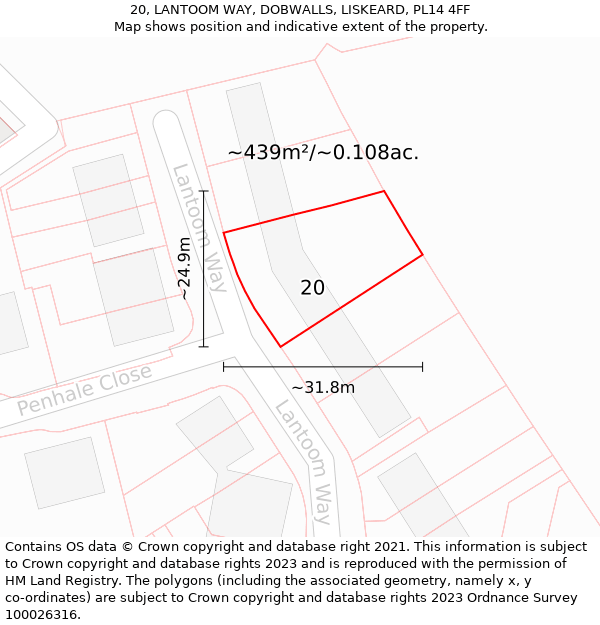 20, LANTOOM WAY, DOBWALLS, LISKEARD, PL14 4FF: Plot and title map