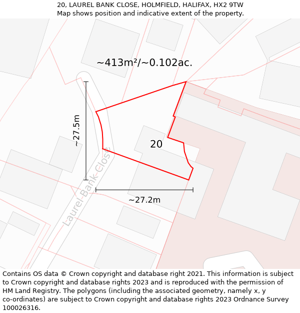 20, LAUREL BANK CLOSE, HOLMFIELD, HALIFAX, HX2 9TW: Plot and title map