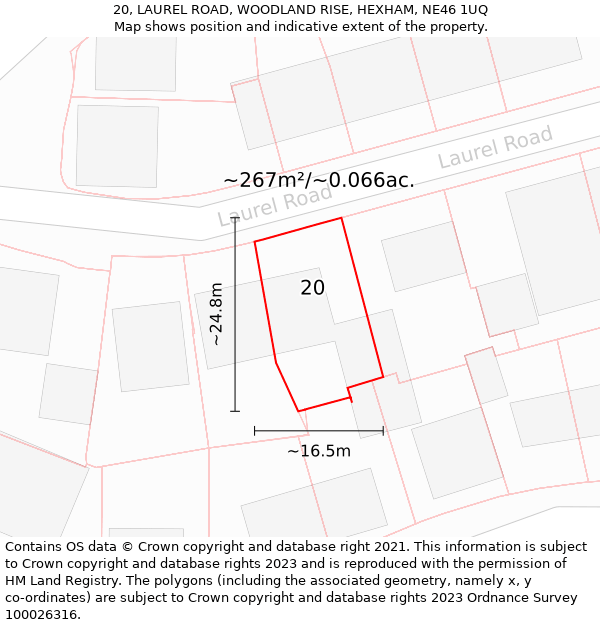 20, LAUREL ROAD, WOODLAND RISE, HEXHAM, NE46 1UQ: Plot and title map