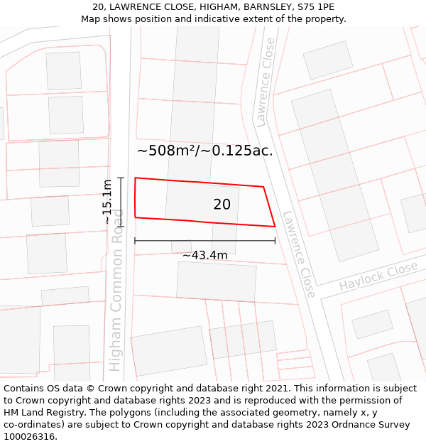 20, LAWRENCE CLOSE, HIGHAM, BARNSLEY, S75 1PE: Plot and title map