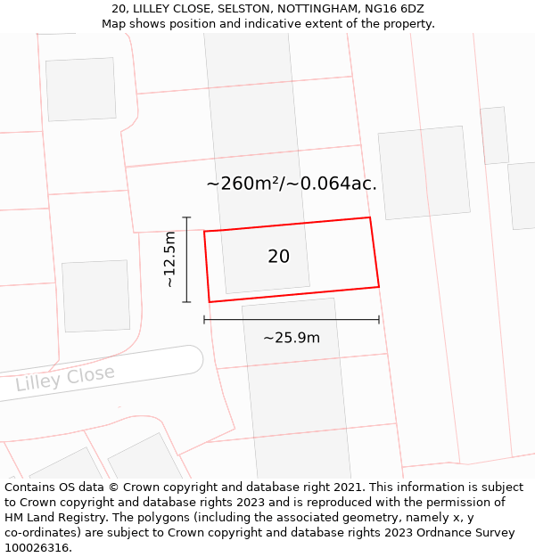20, LILLEY CLOSE, SELSTON, NOTTINGHAM, NG16 6DZ: Plot and title map
