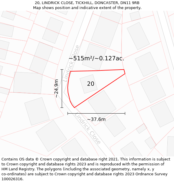 20, LINDRICK CLOSE, TICKHILL, DONCASTER, DN11 9RB: Plot and title map